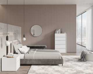Abigail Bed -Milan Grey featuring Hunter Collection - White Glossy Lacquer and Angelo Bench is Black Velvet 
