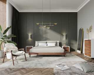 Mikkel Bed Scene- walnut/alesund- featuring Aubrey lounge chair in eggshell